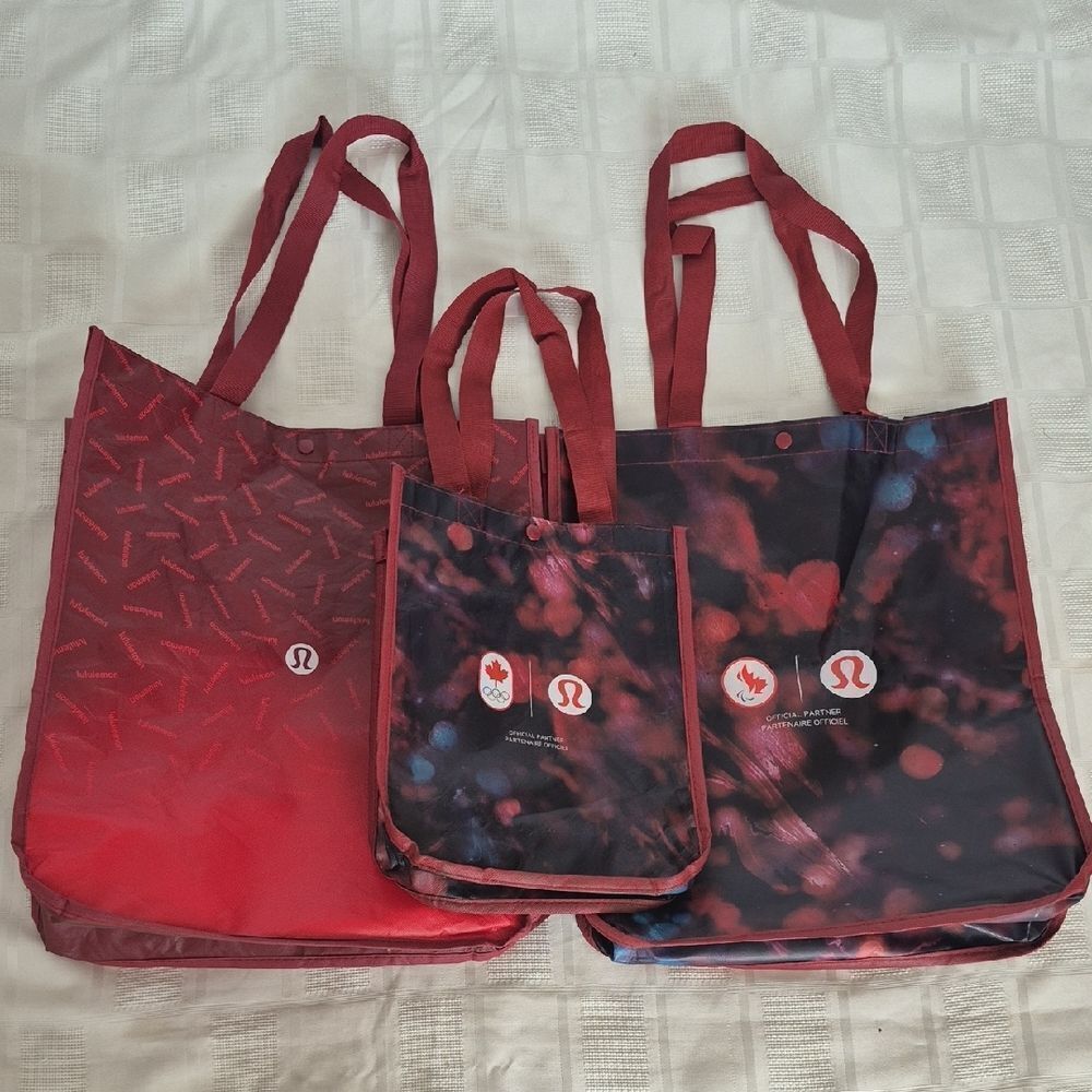Lululemon Athletica Red and Black Tote Reusable Bag Trio Bundle Of 3 Bags